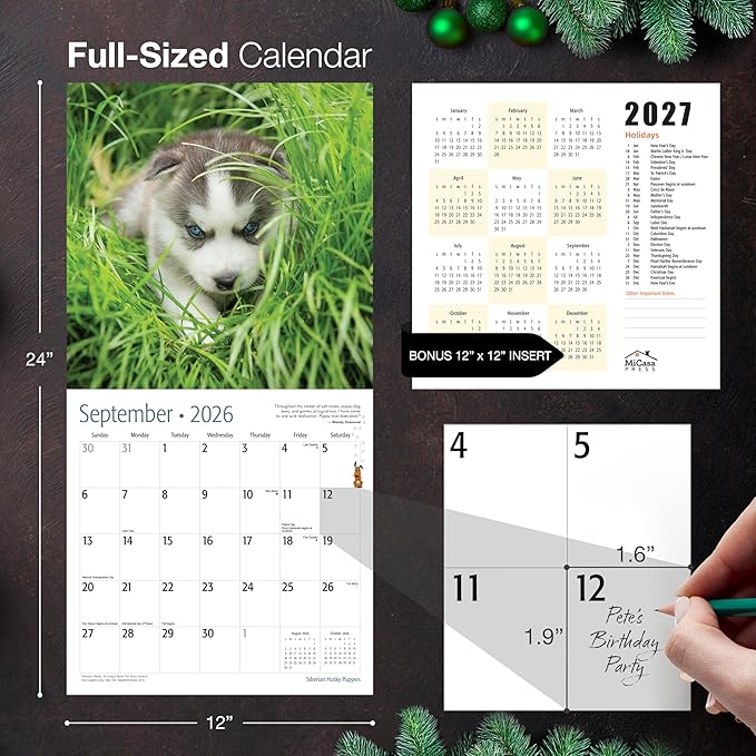 MICASA PRESS Siberian Husky Puppies 2026 Wall Calendar 12 Month | 12" x 24" Open | Thick & Sturdy Paper | Giftable | Cute Puppy Dog Calendar 2026