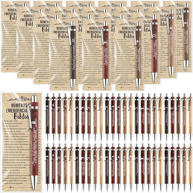 Feifeiya 50 Sets Christian Fathers Day Pens Bulk Bible Verse Religious Ballpoint Bamboo Pens with Bible Verse Emergency Numbers Bookmarks Church Gifts for Women Men Pastor Godfather Teacher (Spanish)