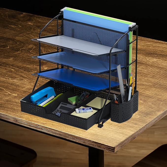 Simple Houseware Desktop Document Tray Organizer with Sliding Drawer, Caddy, Hanging File Section, Black