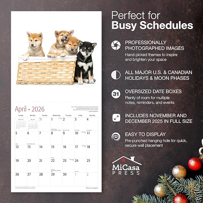 MICASA PRESS Shiba Inu Puppies 2026 Wall Calendar 12 Month | 12" x 24" Open | Thick & Sturdy Paper | Giftable | Cute Puppy Dog Calendar 2026