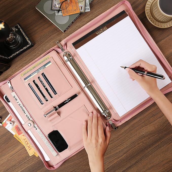 Vegan Leather Padfolio, 3 Ring Binder - Pink Padfolio with Pattern, Handmade Portfolio Organizer