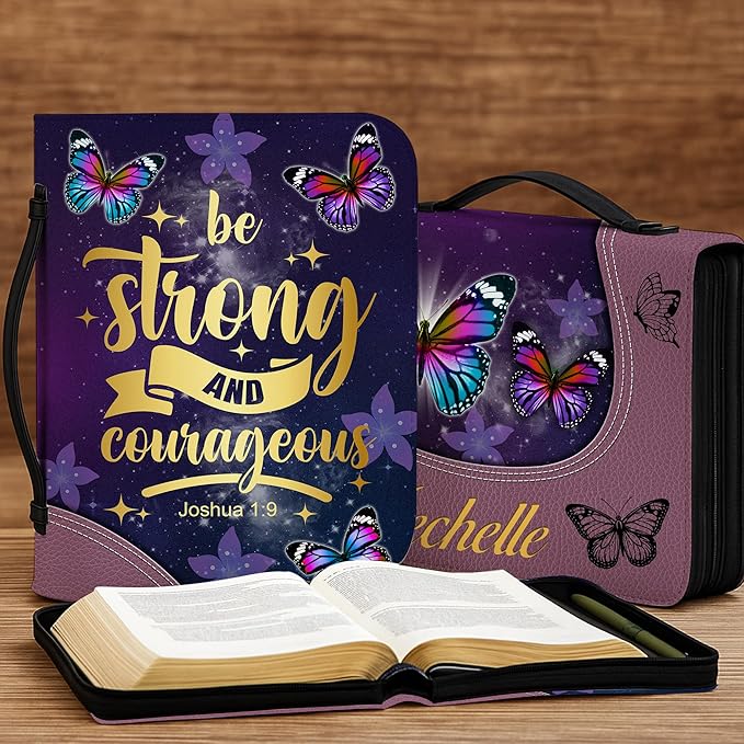 Custom Leather Bible Cover with Name – Personalized Bible Case for Women Zippered with Handle, Bookmark & Storage Pockets, Christian Gift for Mom, Daughter, Grandma (Butterfly, M-2XL)