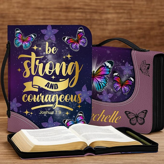 Custom Leather Bible Cover with Name – Personalized Bible Case for Women Zippered with Handle, Bookmark & Storage Pockets, Christian Gift for Mom, Daughter, Grandma (Butterfly, M-2XL)