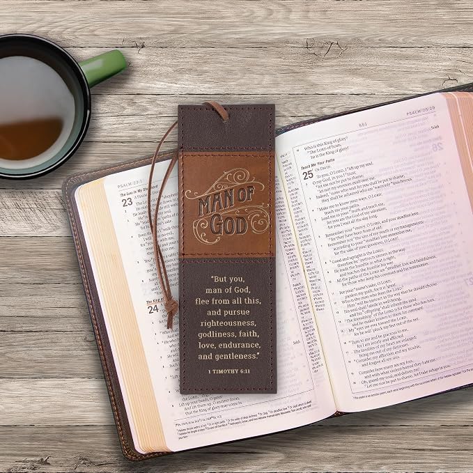 Christian Art Gifts Premium Inspirational Scripture Vegan Leather Bookmark for Men: Man of God Encouraging Bible Verse, Knotted Cord, Gold Text, Sturdy Slim Book Reading Accessory, Light & Dark Brown