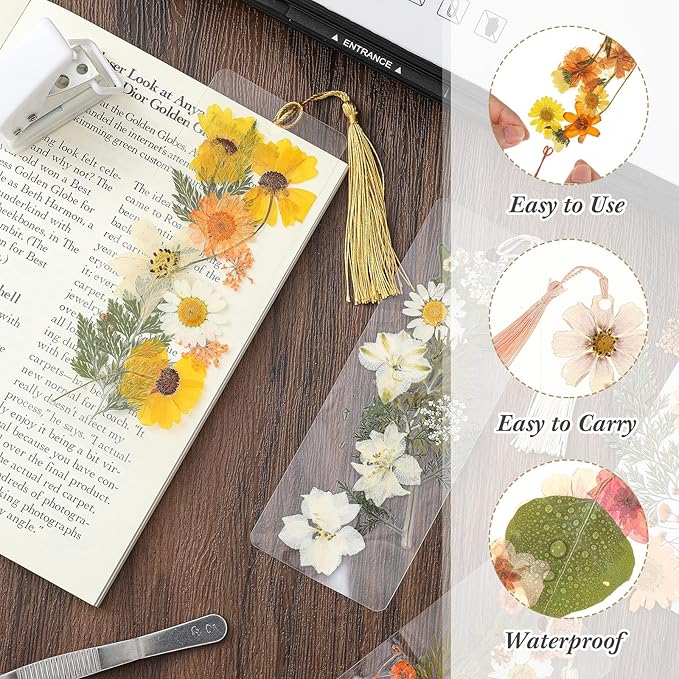 Fuyoooo 376 Pcs Dried Flower Bookmark Making Kit, DIY Bookmark Laminating Pouches with Tassels and Puncher, Handmade Craft Kit for Women, DIY Gifts for Book Lovers (Light Colors,2 x 6 Inch)