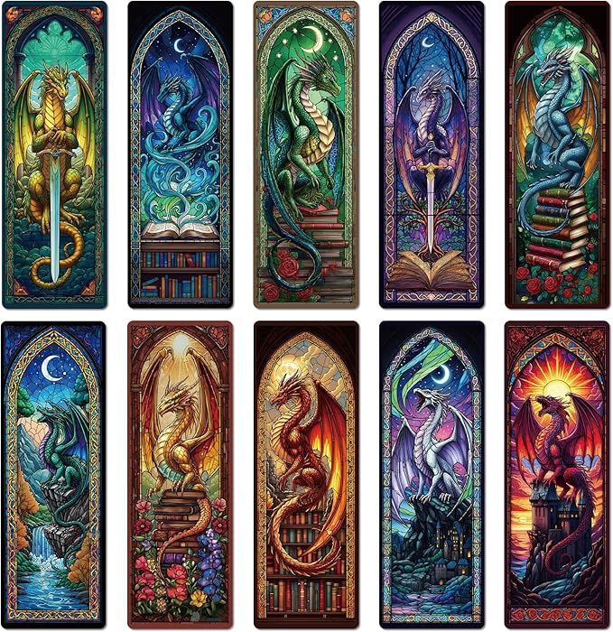 Fantasy Dragon Bookmark Gifts - 20 Pcs Fourth Vintage Stained Glass Bookmarks for Men Women Book Lovers Sword Wing Page Marks Merch School Reading Accessories Bookish Birthday Graduation Gift