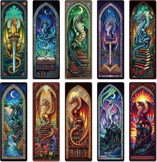 Fantasy Dragon Bookmark Gifts - 20 Pcs Fourth Vintage Stained Glass Bookmarks for Men Women Book Lovers Sword Wing Page Marks Merch School Reading Accessories Bookish Birthday Graduation Gift
