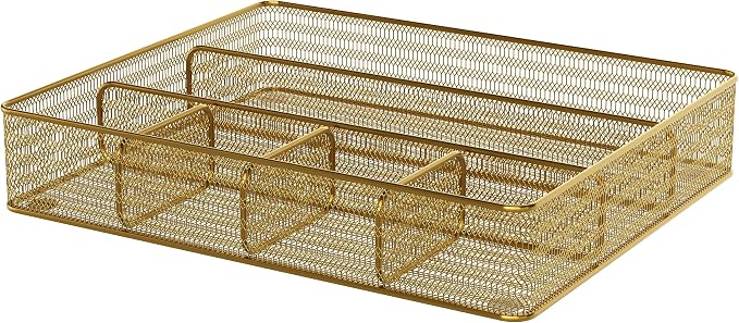Martha Stewart Ryder Gold Mesh Metal 6 Compartment Large Desk Drawer Organizer for Accessories and Office Supplies