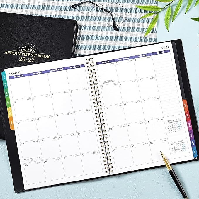 Appointment Book & Planner 2026-2027 - Daily Hourly Planner 2026-2027, 8.5" x 11", Jul 2026 - Jun 2027, Weekly Appointment Book 26-27, Planners with Colorful Tabs, Leather Cover, 15-Minute Interval - Black
