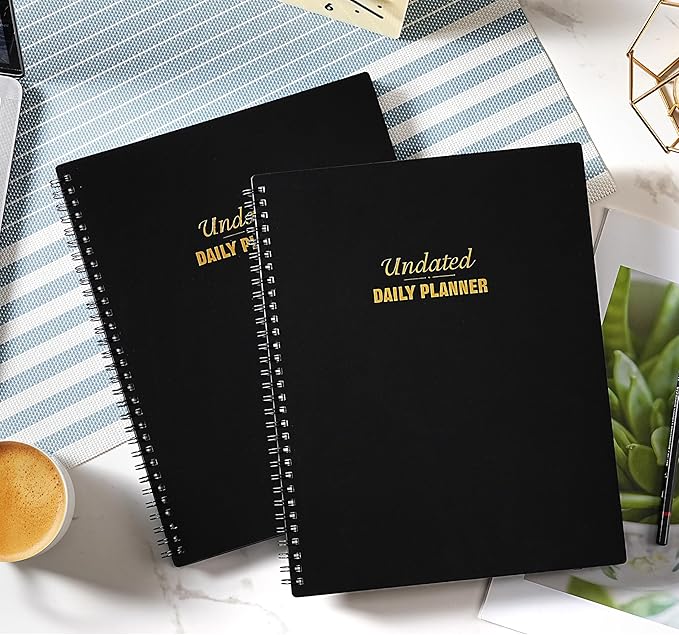 Daily Planner - 9'' x 11'' Notebook with Hourly Schedule, Undated Workbook to Record Your Appointments, 208 Pages, Elastic Closure, Inner Pocket
