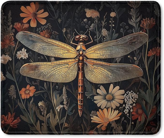 Moody Dragonfly Mouse Pad，Cottagecore Botanical Dragonfly Mouse Pad for Home Office Computer Gaming Desk Essentials, 9.5x7.9 Inch