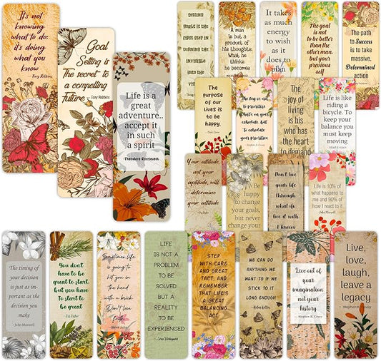 Bulk Bookmarks for Women - 96 Vintage Floral, 24 Unique Designs, 4 Copies Each - Inspirational Quotes by Famous Thinkers - 350 GSM Premium Cardstock for Book Clubs, Classrooms, Gift Inserts
