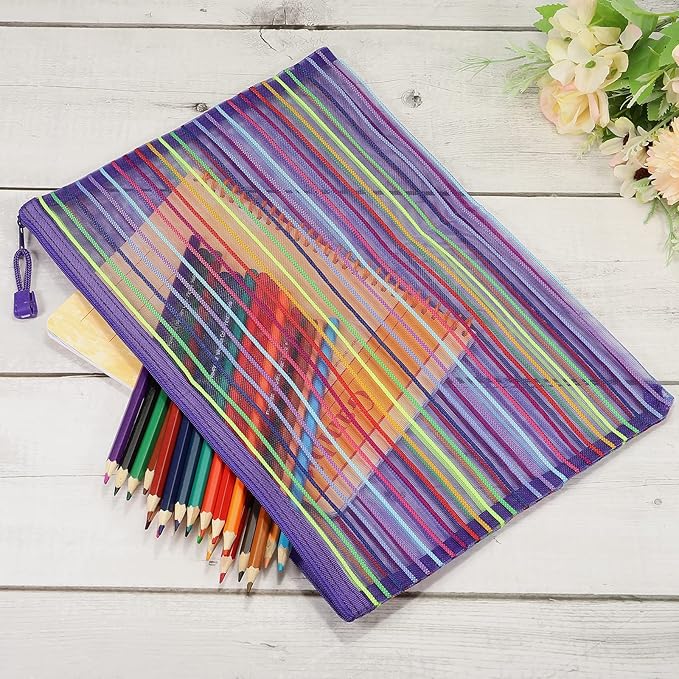 MECCANIXITY Mesh Zipper Pouches, A4 Colorful Pencil Case Document File Bags Storage Organizer for Office Supply Travel Accessory, Purple Pack of 6