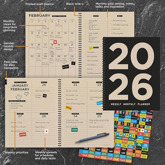 TF Publishing 2026 Burnt Black Large Weekly Monthly Planner with 12-Month Calendar Grid, Goals and Task Trackers, Priority List Section and Stickers - Large Planner for School or Work - 9in x 11in