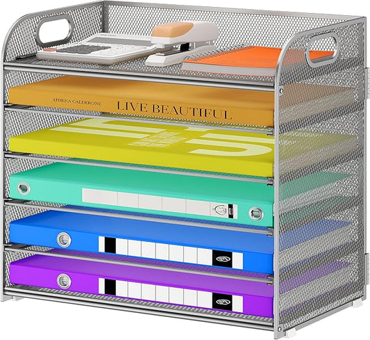 Cawukege 6 Tier Paper Organizer, Silver Letter Tray with Handle, Mesh Desk Organizer, Metal File Organizer, Office Desk Accessories for Home, Office, Classroom, School