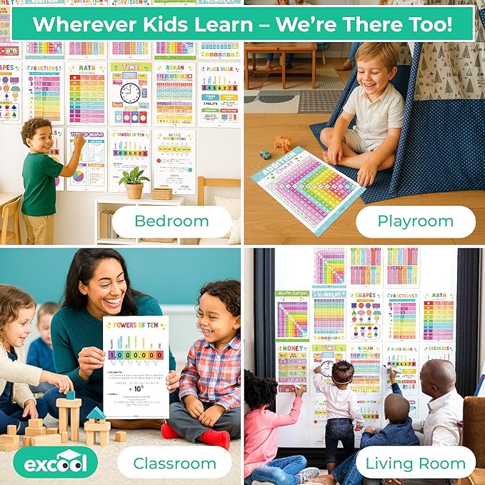 Excool Club 16 Colorful Elementary School Math Posters For Classroom Decor - Laminated Multiplication Chart For 4th Grade, Addition Subtraction Chart Educational Poster, 5th Grade Classroom Must Haves (11x17)