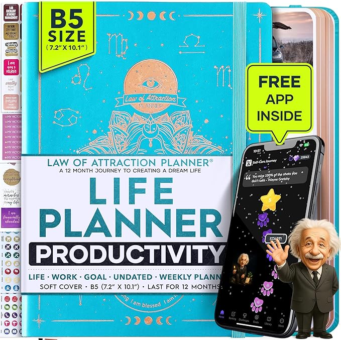 Deluxe Weekly and Monthly Planner | Law of Attraction Planner with Productivity App | 12-Month for Productivity, Gratitude & Goal Setting | Includes Foldable Vision Board, Gift Box & Stickers