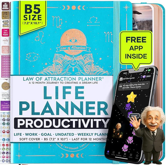 Deluxe Weekly and Monthly Planner | Law of Attraction Planner with Productivity App | 12-Month for Productivity, Gratitude & Goal Setting | Includes Foldable Vision Board, Gift Box & Stickers
