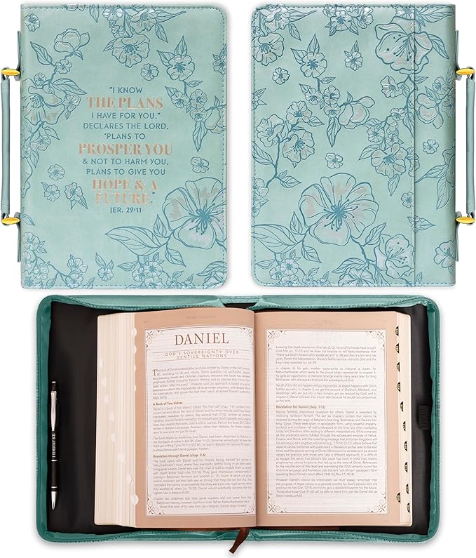 Christian Art Gifts Faux Leather Fashion Bible Cover: I Know the Plans I Have for You - Jeremiah 29:11 Inspirational Bible Verse, Debossed Floral Teal Design, Large