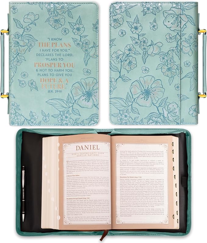 Christian Art Gifts Faux Leather Fashion Bible Cover: I Know the Plans I Have for You - Jeremiah 29:11 Inspirational Bible Verse, Debossed Floral Teal Design, Large
