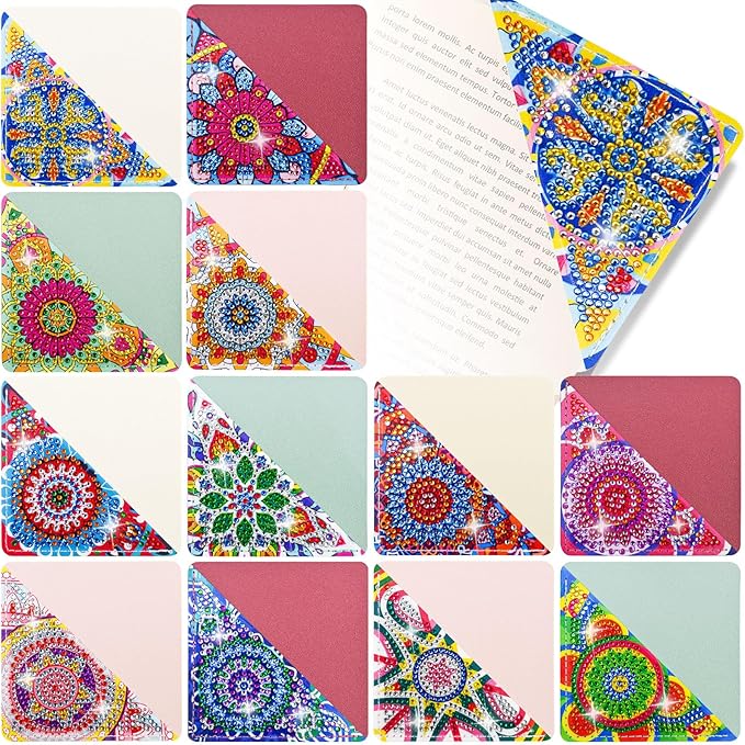 LINFANG 12 Pcs Corner Diamond Painting Bookmark, DIY Book Makers for Book Lovers, Diamond Art Beginners, Small Diamond Art Kits, Paint by Art Crafts Supplies Gift for Women Girls (Mandala)