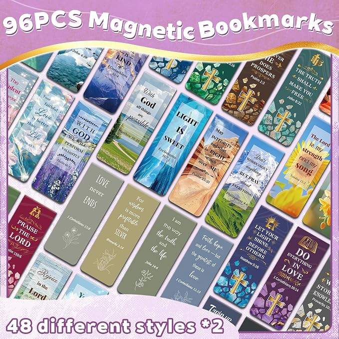 96Pack Magnetic Bookmarks Bible Bookmark Christian Bookmarks Bulk Book Marks for Reading Women Men Adults Kids Book Lovers Gifts, Cute Personalized Religious Magnet Bookmark Clips (Multi-Style)