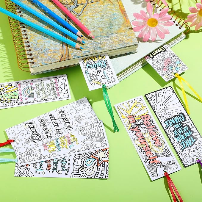 Gersoniel 120 Pieces Color Your Own Bookmark Inspirational Bookmarks for Students DIY Coloring Double-Sided Motivational Page Clip Personalized Inspirational for Kids Students Reading Activity Gift
