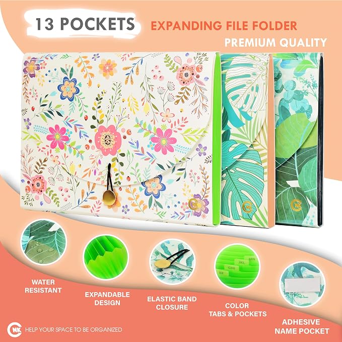 CNK File Folders Organizer with 13 Pockets Accordion Expanding Folder Documents Receipt Document Paper Pocket Filing Accordian Important Expandable Holder Files Alphabetical Labels Letter