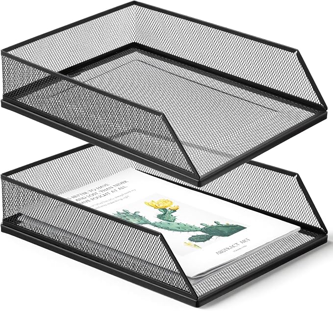 2Pcs Paper Organizer for Desk Metal Letter Tray Paper Tray Stackable File Holder A4 Black Desk Files Organizer Office Supplies File Document Storage Rack desks Drawer Organizers for Home