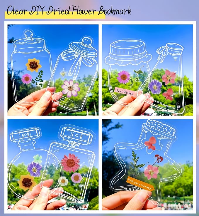 100Pcs Large Size Clear DIY Dried Flower Bookmark Kit Transparent Pressed Flower Bookmarks Set Homemade Plant Specimen Bookmark Clear Jars Stickers