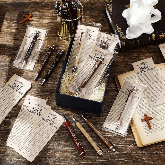 Feifeiya 25 Sets Christian Fathers Day Pens Bulk Bible Verse Religious Ballpoint Bamboo Pens with Bible Verse Emergency Numbers Bookmarks Church Gifts for Women Men Pastor Godfather Teacher (English)