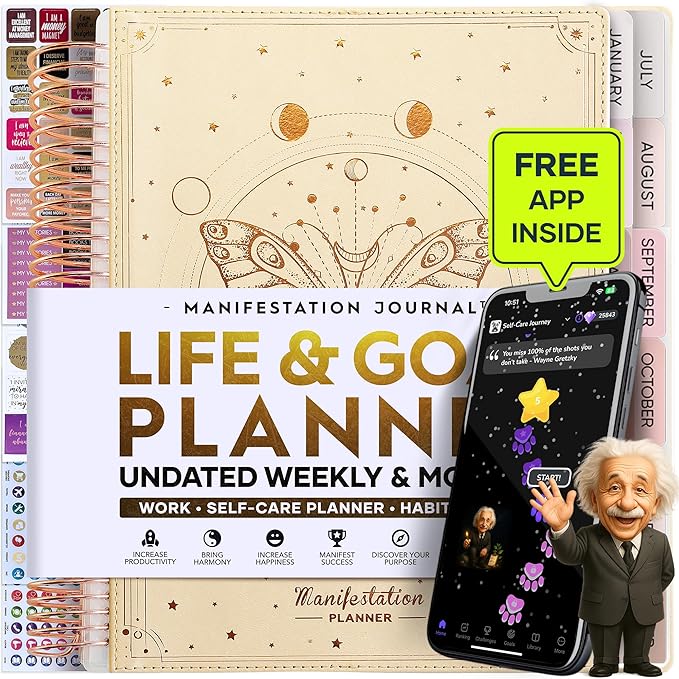 Manifestation Journal – Hourly, Weekly & Monthly Planner | 12-Month to Increase Productivity, Life Organizer & Goal Planner | Spiral Journal, Habit Tracker, Foldable Vision Board, Gift Box & Stickers