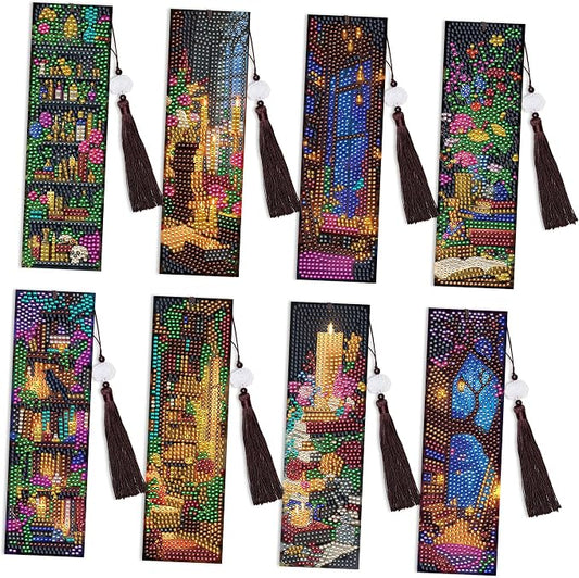 Dark Academia Diamond Art Bookmarks, 8 Pcs Enchanted Library Fantasy Diamond Painting Bookmark Kits for Adults, DIY Crafts Book Marks with Tassels for Reading Women Book Lover Gifts