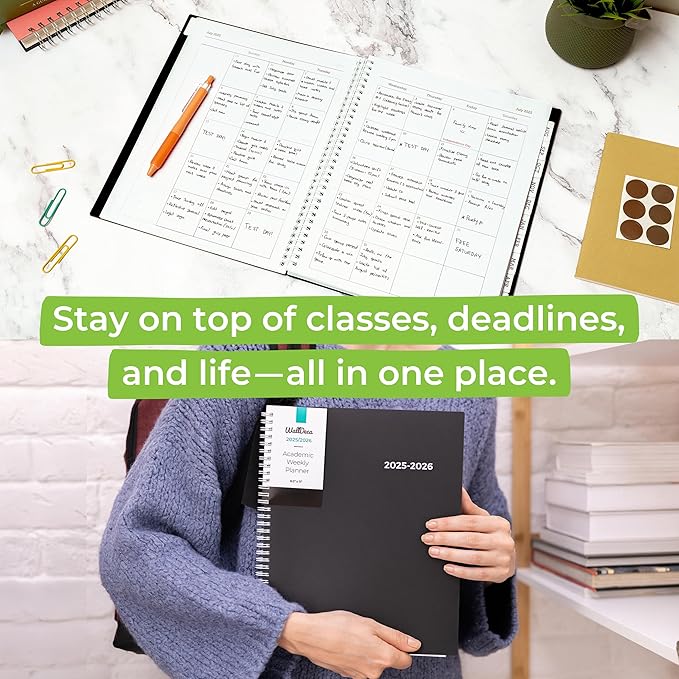 WallDeca Academic Planner 2025-2026, Daily, Weekly & Monthly Planner, July 2025 - June 2026, Student Notes Pages, Twin-Wire Binding Day and Weekly Agenda for School & Work (8.5 x 11-Inches, Black)