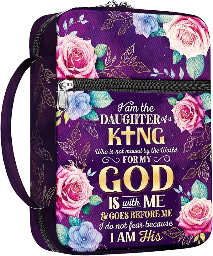 Daughter of the King Bible Cover for Women, Inspirational Scripture Floral Bible Bag with Handle and Zipper Pocket, Fits Standard Size Bible, Christian Gift for Girls, Church or Bible