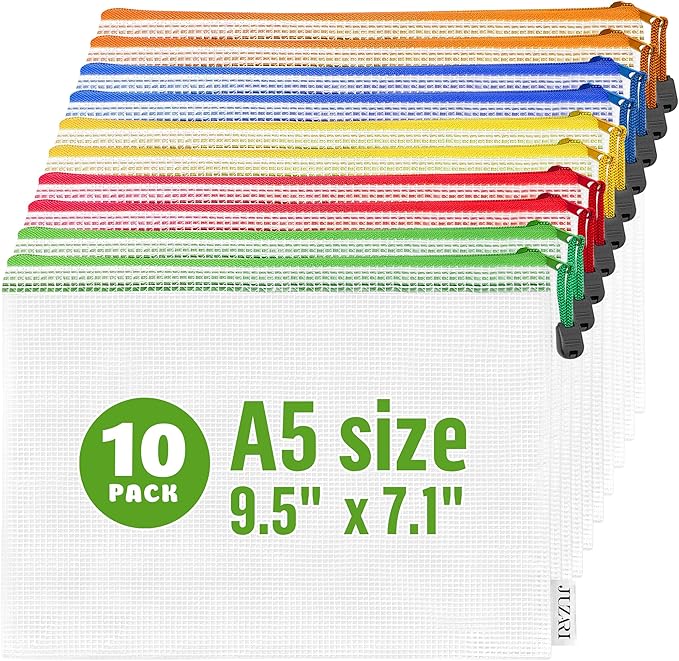 10 Pack A5 Mesh Zipper Pouch Bags - Small Plastic Zipper Pouches for Organizing 7x9 - Mesh Pouch with Zippers Bags for Organizing - Zippered Bag for Office Supplies Travel Accessories Receipts Makeup