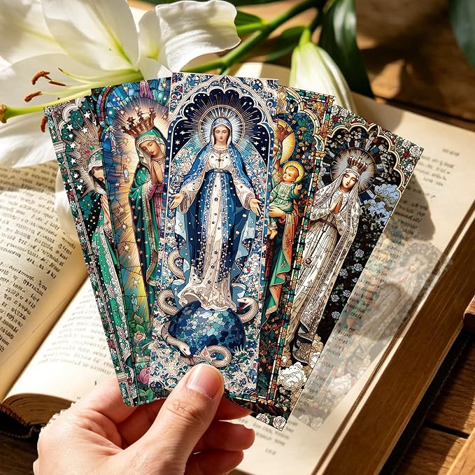 10 Pcs Stained Glass Bookmarks, Catholic Virgin Mary Transparent PVC Bookmark Bulk for Women Man, Christian Religious Book Mark for Reading Lovers Accessories Gifts
