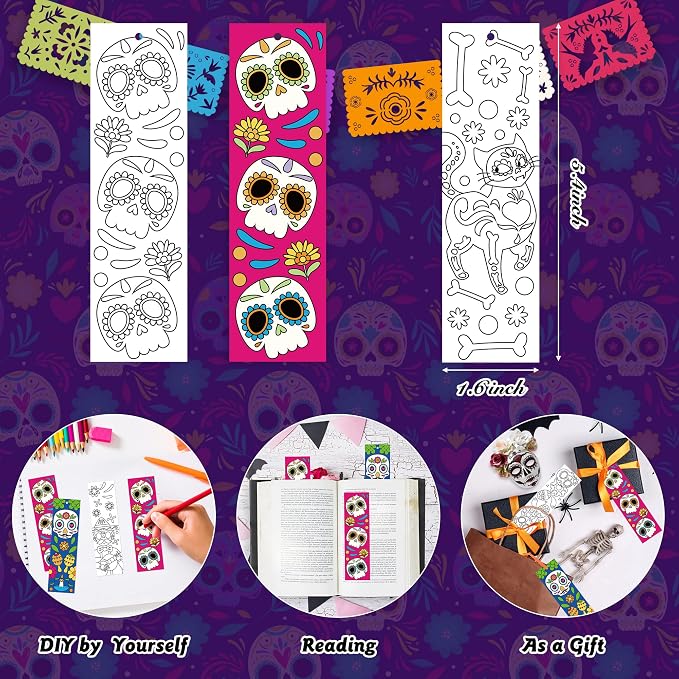 75Pcs Day of the Dead Color Your Own Bookmarks, Mexico Theme DIY Coloring Blank Bookmark Mexican Fiesta Party Game Prize Art Craft Supplies for Teachers Students Classroom Reward Goodie Fillers