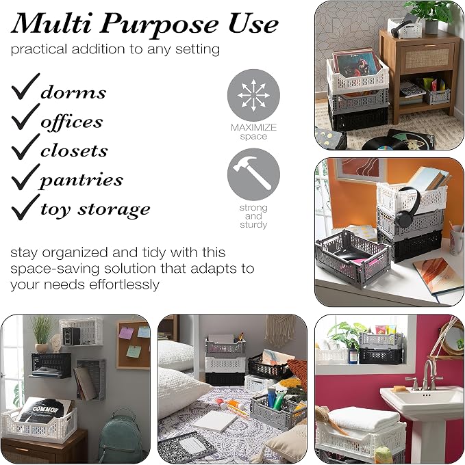 Simplify 4LT Collapsible Storage Crate | Small | Foldable | Stackable | Plastic Bin | Home Organization | Dorm | Office | Crafts | Shelf | Grey