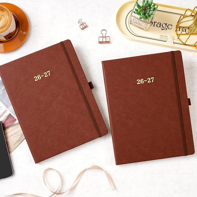 Vondafe 2026-2027 Planner - Weekly and Monthly Planner 2026-2027, Jul. 2026 - Jun. 2027, 9" x 11", 26-27 Calendar Planner with Inner Pocket + Elastic Closure + Pen Loop + Bookmarks, Leather Hardcover - Brown