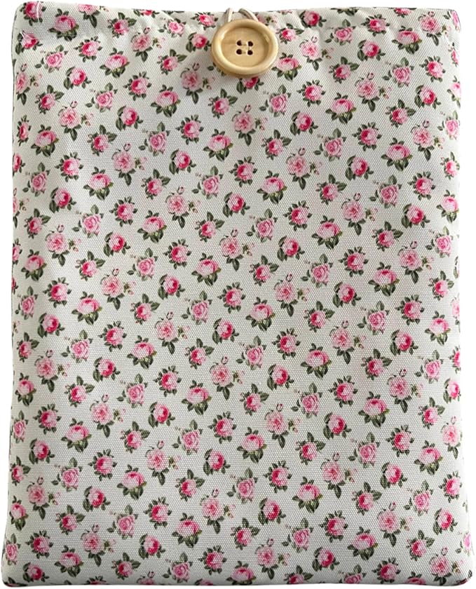 Floral Book Sleeve - Elegant Book Cover with Wooden Button, Cotton Padded Protector for Paperbacks & Hardcovers, Ideal for Book Lovers, Durable Design (White & Roses, Large)