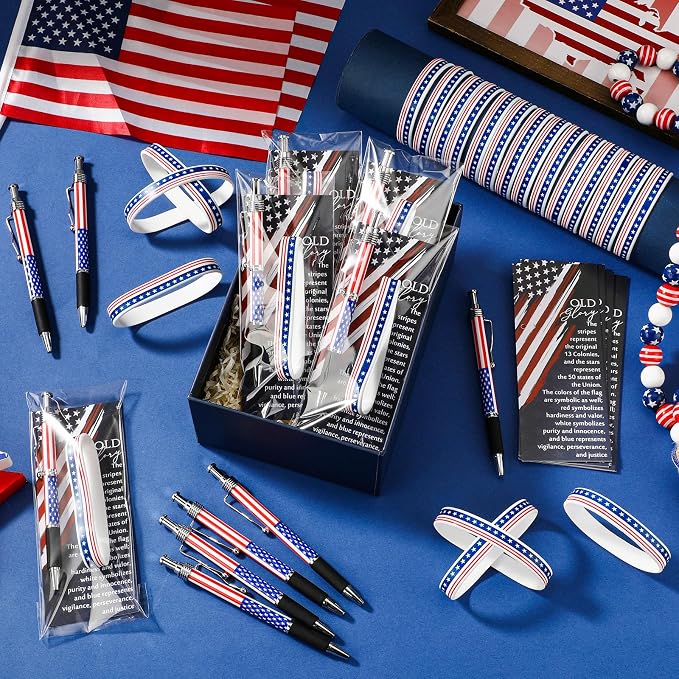 Sayglossy 20 Sets/60 Pcs 4th of July Party Favors 250th Anniversary Flag Ballpoint Pens Silicone Wristband Bookmarks Patriotic Souvenir for 1776-2026 Commemorative Memorial Veteran Independence