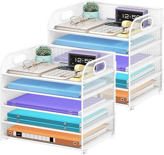 Cawukege 2 Pack 5 Tier Paper Organizer, Letter Tray with Handle, Mesh Desk Organizer, Metal File Organizer, Office Desk Accessories for Home, Office, Classroom, School -White
