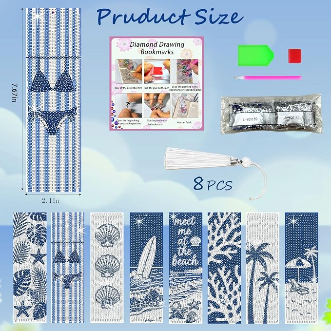 8PCS Diamond Painting Art Bookmarks,Cute Acrylic Bookmarks Crafts Kits Gifts with Tassels for Adult Women Book Lovers (Beach)