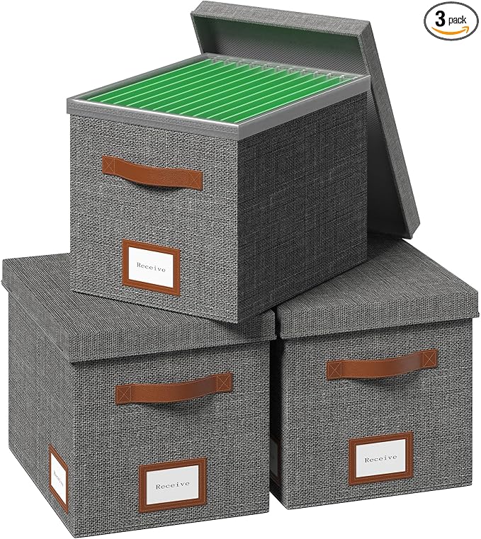 File Organizer Box with Lid File Box for Hanging Decorative File Organizer with One-Piece Integrated Plastic Slide Rail (Grey, 13.2x10.1x10.1inch(3pack))