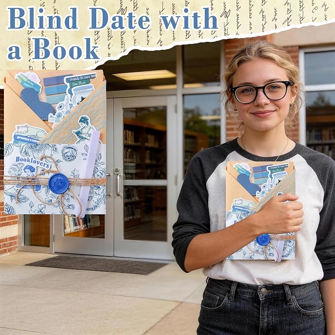 J6&H6 6 Set Blue-Themed Blind Date with a Book Gift excluding Books,Gift Set Including Lace Ribbons Patterned Paper Leather Bookmarks Stickers Purple Labels Kraft Paper for Literary Gifts (Blue)