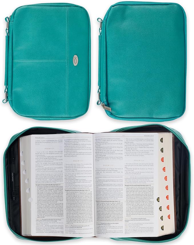 Christian Art Gifts Inspirational Vegan Leather Two-fold Organizer Bible Cover for Women, Jesus Fish Badge, Sturdy Carry Handle, Pen Loops, Pockets, Pen/Highlighter Combo & Notepad, Turquoise, Medium