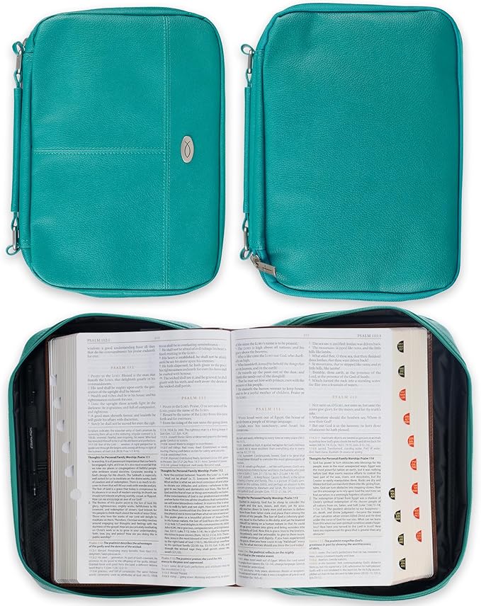Christian Art Gifts Inspirational Vegan Leather Two-fold Organizer Bible Cover for Women, Jesus Fish Badge, Sturdy Carry Handle, Pen Loops, Pockets, Pen/Highlighter Combo & Notepad, Turquoise, Medium