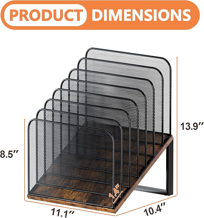 Piskyet Wooden Desk File Organizer, 7-Section Vertical File Folder Holder Stand,Metal Mail Paper Chromebook Organizer for Teacher Desk Office Classroom Desktop Organization（Inclined）