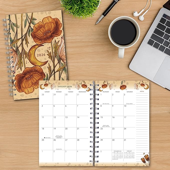 Moonlit Poppies 2026 Weekly & Monthly Planner, 12-Month Engagement Calendar with Boho Floral and Lunar Art for Dreamy Night Sky Inspiration, 2026, 6" × 9"